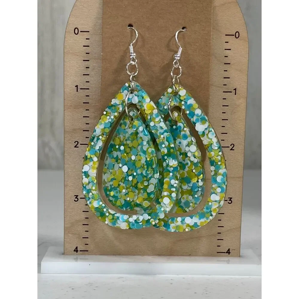 Handmade epoxy resin large teardrop dangle earrings-turquoise yellow white‎